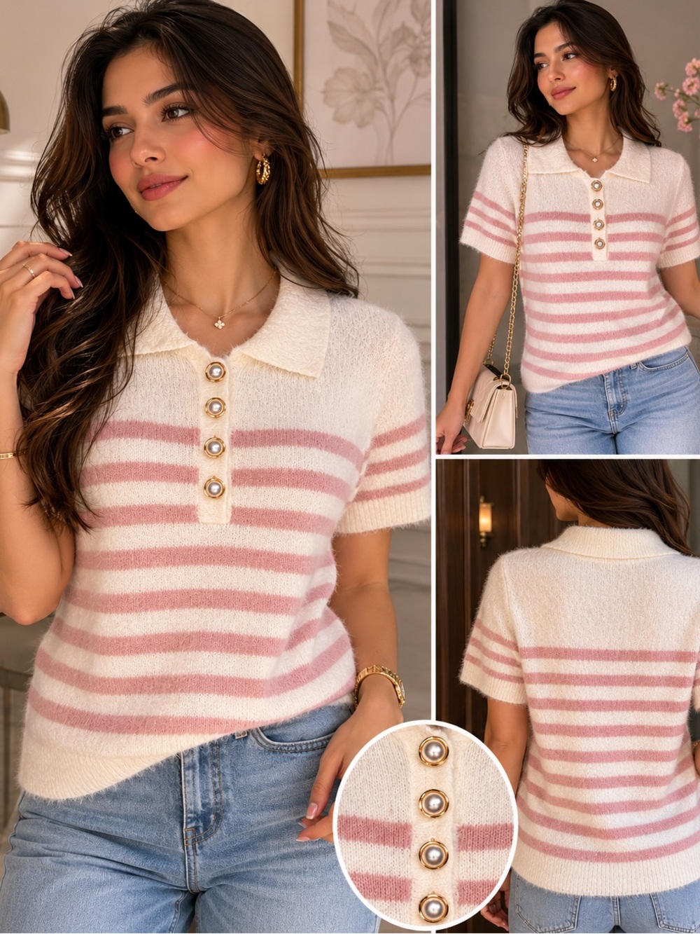 Belldini- NWT Rose Striped Short-Sleeve Knit Polo Top Size Medium